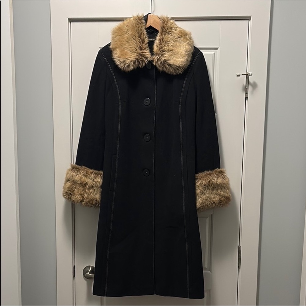 Vintage Monton Wool Faux Fur Trim Black Coat Removable Collar size M.